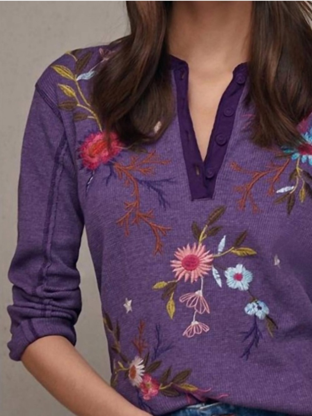 Johnny Was Ulla Floral-Embroidered Raw Seam Henley Thermal Tee